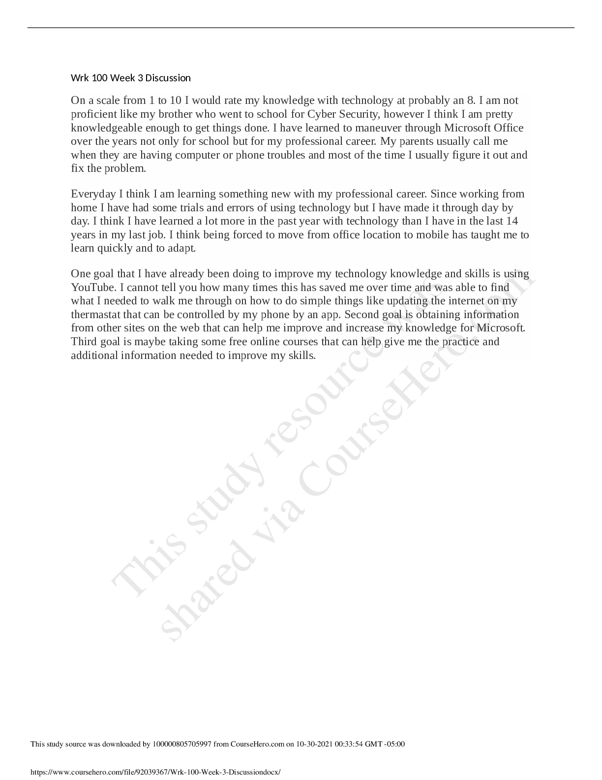 Preview image of WRK 100 Week 3 Discussion document